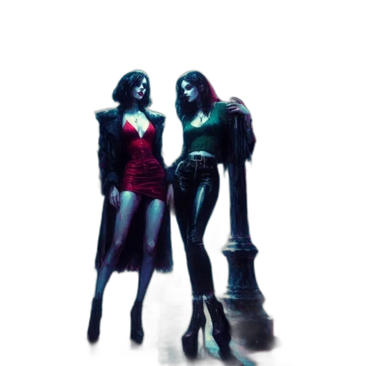 dress, comic book art, concept art, 3d render, fantasy art, neon lights, city street, dark transparent PNG cut-out