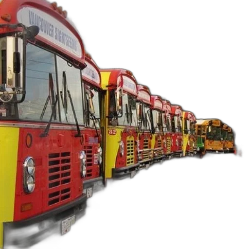 3d render, concept art, photorealistic, row, red, yellow, buses, vancouver transparent PNG cut-out