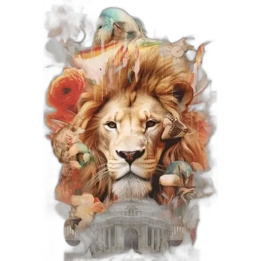 photorealistic, concept art, watercolor, fantasy art, lion, face, floral, avian transparent PNG cut-out