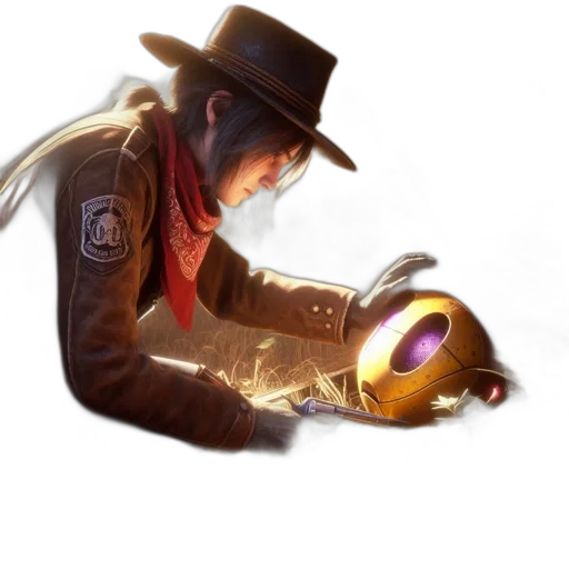 hat, weapon, staff, jacket, concept art, fantasy art, photorealistic, 3d render transparent PNG cut-out