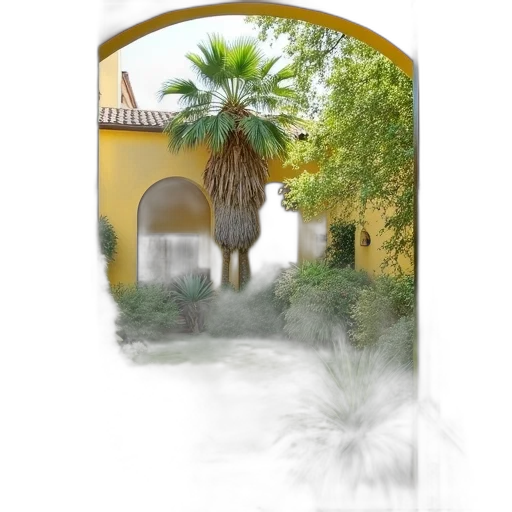 umbrella, building, tree, staff, photorealistic, 3d render, concept art, watercolor transparent PNG cut-out