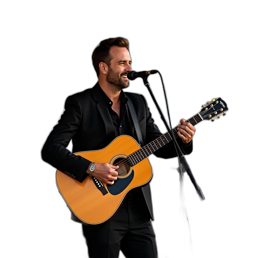jacket, man, playing, acoustic, guitar, stage, wearing, black transparent PNG cut-out