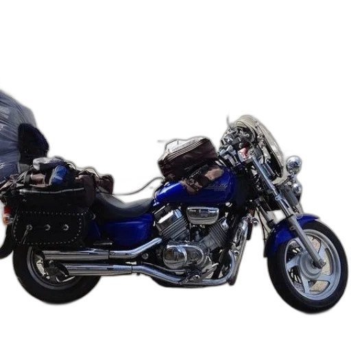 weapon, 3d render, photorealistic, blue, motorcycle, saddlebags, parked, side transparent PNG cut-out