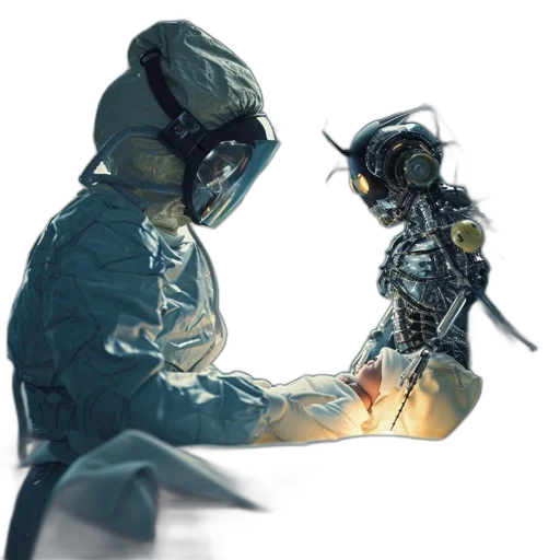 robot, jacket, mask, weapon, concept art, pixel art, cyberpunk, 3d render transparent PNG cut-out