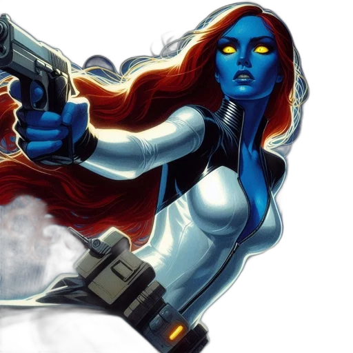 comic book art, concept art, fantasy art, blue-skinned, female, superhero, red, hair transparent PNG cut-out