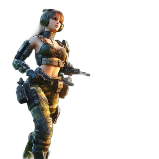weapon, concept art, cyberpunk, 3d render, pixel art, earth tones, woman, battle transparent PNG cut-out
