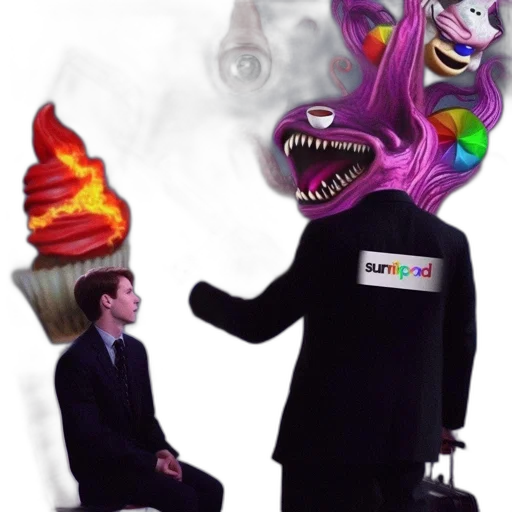 mask, staff, creature, umbrella, vaporwave, concept art, fire, man transparent PNG cut-out