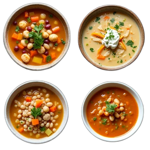 food, collage, four, different, bowls, soup, each, unique transparent PNG cut-out