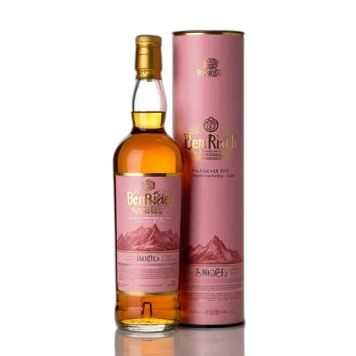 bottle, benriach, single, malt, scotch, whisky, pink, label transparent PNG cut-out