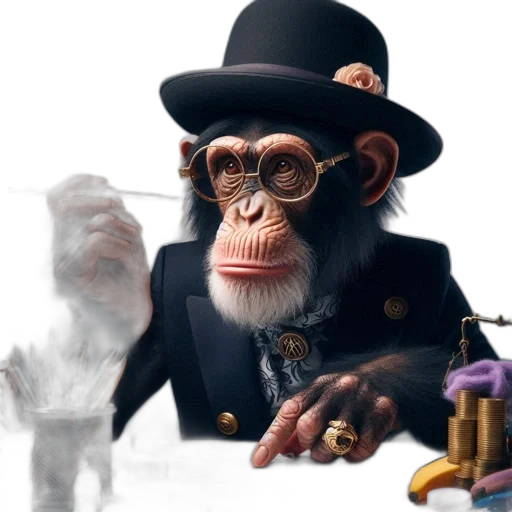 animal, staff, concept art, 3d render, photorealistic, fantasy art, chimpanzee, dressed transparent PNG cut-out