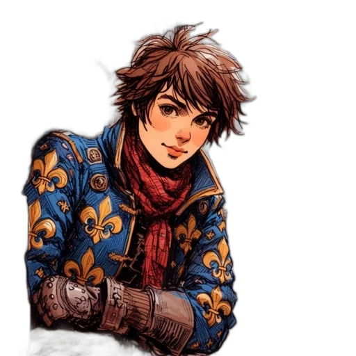 jacket, face, staff, pixel art, fantasy art, concept art, watercolor, blue transparent PNG cut-out