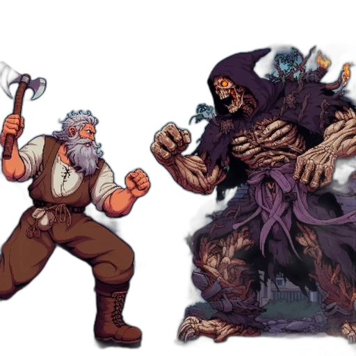concept art, fantasy art, comic book art, pixel art, elderly, man, beard, wielding transparent PNG cut-out