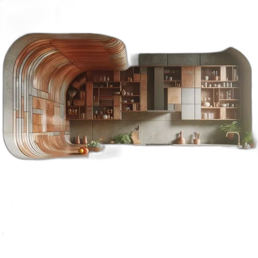 furniture, building, 3d render, concept art, modern, kitchen, curved, design transparent PNG cut-out