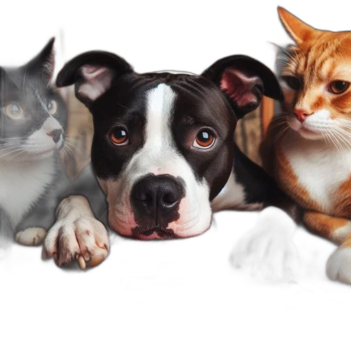 animal, photorealistic, dog, two, cats, sit, around, table transparent PNG cut-out