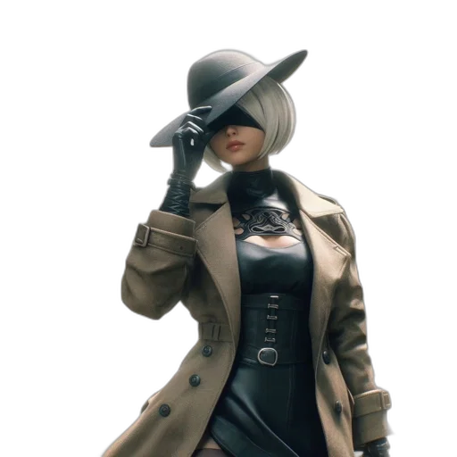 jacket, hat, weapon, staff, concept art, 3d render, cyberpunk, monochrome transparent PNG cut-out