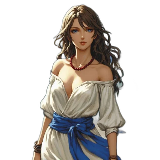 dress, jewelry, staff, fantasy art, concept art, photorealistic, pixel art, blue transparent PNG cut-out