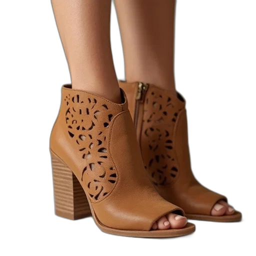 shoes, woman, wearing, tan, pair, open, toe, booties transparent PNG cut-out