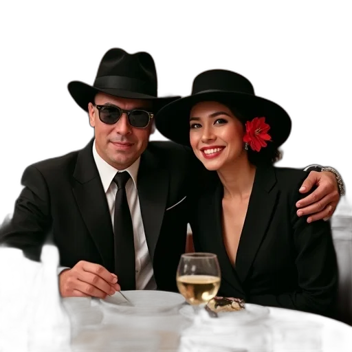hat, furniture, jacket, man, woman, sitting, dining, table transparent PNG cut-out