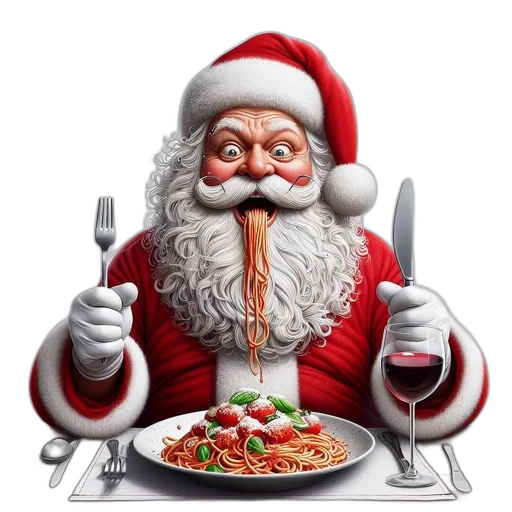 food, photorealistic, santa, claus, enjoys, plate, spaghetti, meatballs transparent PNG cut-out