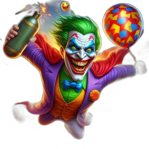 weapon, mask, concept art, comic book art, photorealistic, fantasy art, joker, mid-air transparent PNG cut-out