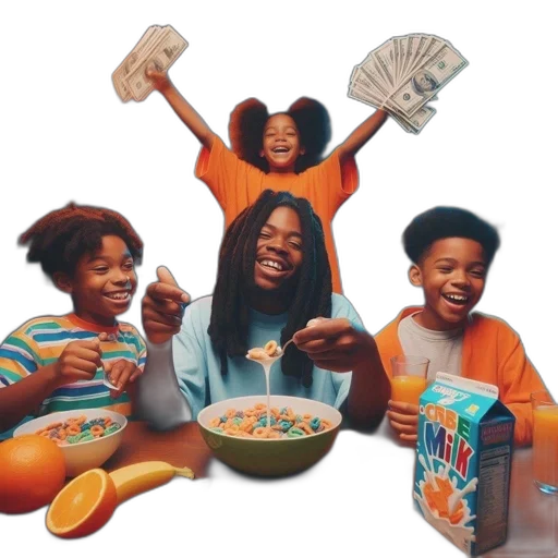 food, concept art, four, siblings, enjoy, breakfast, suburban, setting transparent PNG cut-out