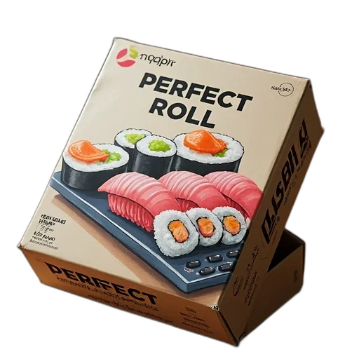 food, photorealistic, 3d render, box, sushi, rolls, displayed, wooden transparent PNG cut-out