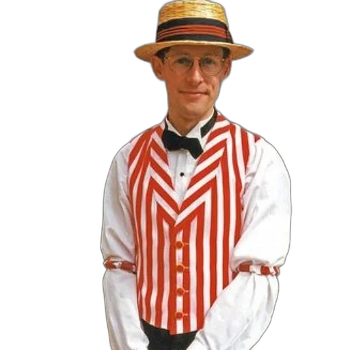 hat, jacket, staff, umbrella, man, red, white, striped transparent PNG cut-out