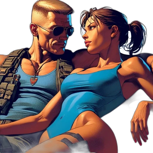 comic book art, cyberpunk, concept art, fantasy art, two, animated, characters, muscular transparent PNG cut-out