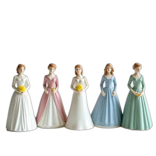 dress, jewelry, 3d render, pastel, collection, five, porcelain, figurines transparent PNG cut-out