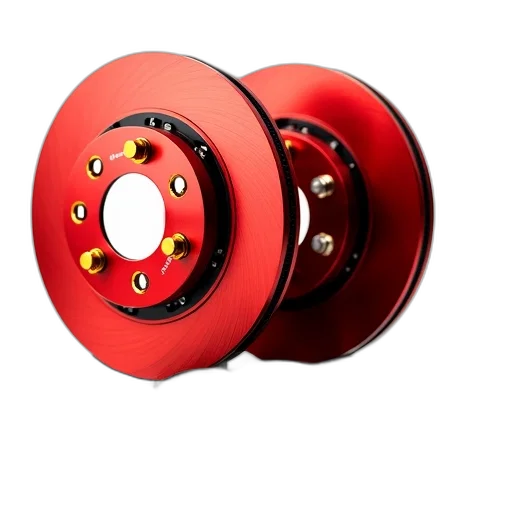 3d render, red, pair, brake, rotors, gold, accents, black transparent PNG cut-out
