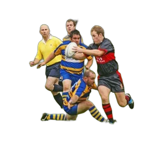 photorealistic, rugby, player, blue, yellow, uniform, tackled, opponent transparent PNG cut-out