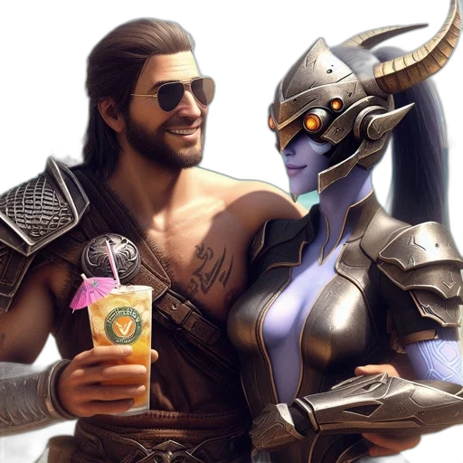 fantasy art, concept art, vaporwave, 3d render, two, characters, contrasting, appearances transparent PNG cut-out