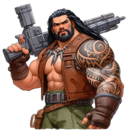 weapon, concept art, comic book art, fantasy art, pixel art, rugged, figure, sporting transparent PNG cut-out