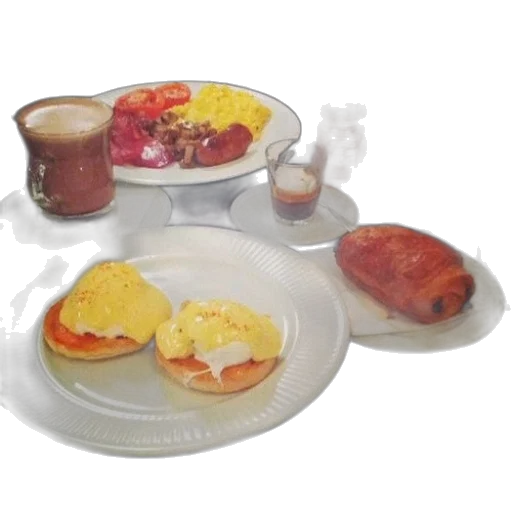 food, table, plates, including, eggs, benedict, sausage, tomato transparent PNG cut-out