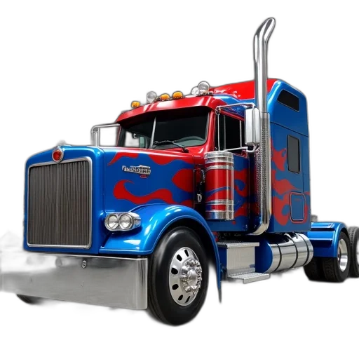 photorealistic, concept art, 3d render, cartoon, semi-truck, blue, red, color transparent PNG cut-out