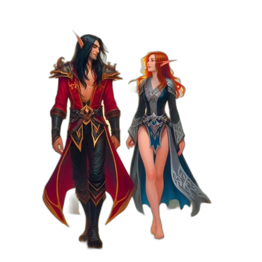 fantasy art, concept art, comic book art, 3d render, fire, two, elves, one transparent PNG cut-out