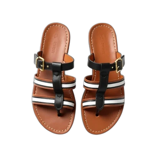 shoes, pair, brown, leather, sandals, white, stripes, sides transparent PNG cut-out