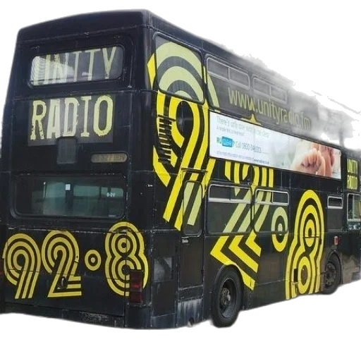 black, double-decker, bus, yellow, designs, side, advertising, unity transparent PNG cut-out