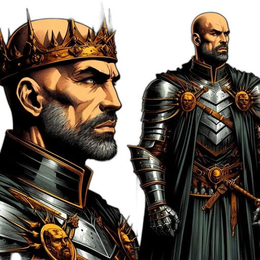 crown, concept art, comic book art, fantasy art, illustration, presents, stern-faced, bald transparent PNG cut-out