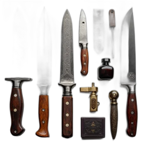 sword, weapon, staff, collection, various, knives, tools, spread transparent PNG cut-out
