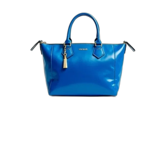 blue, handbag, shiny, surface, gold, zipper, displayed, against transparent PNG cut-out