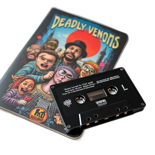 cassette, tape, title, deadly, venoms, lying, white, surface transparent PNG cut-out