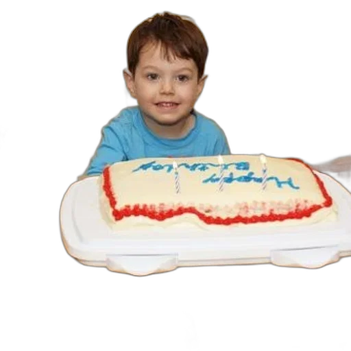 food, photorealistic, young, boy, sits, front, birthday, cake transparent PNG cut-out