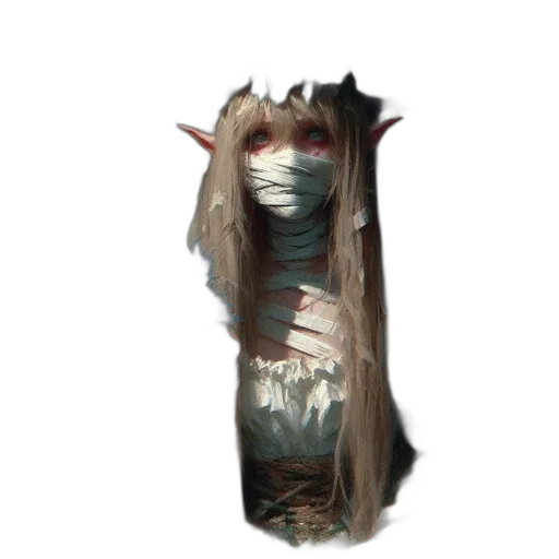 mask, creature, hair, staff, concept art, fantasy art, 3d render, pixel art transparent PNG cut-out