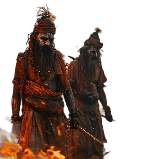concept art, 3d render, fire, two, turbaned, figures, display, confrontation transparent PNG cut-out