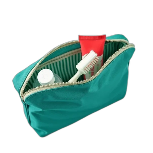 green, teal-colored, travel, pouch, zipper, open, revealing, various transparent PNG cut-out