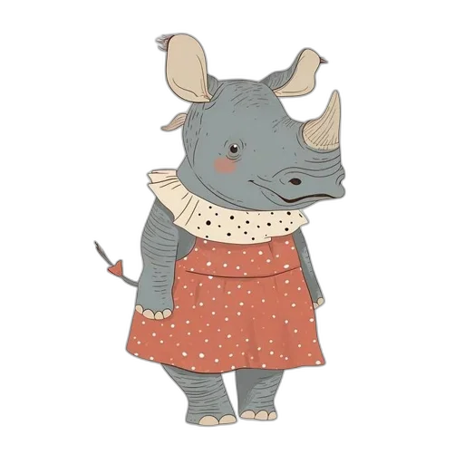 dress, animal, concept art, watercolor, cartoon, 3d render, animated, rhino transparent PNG cut-out