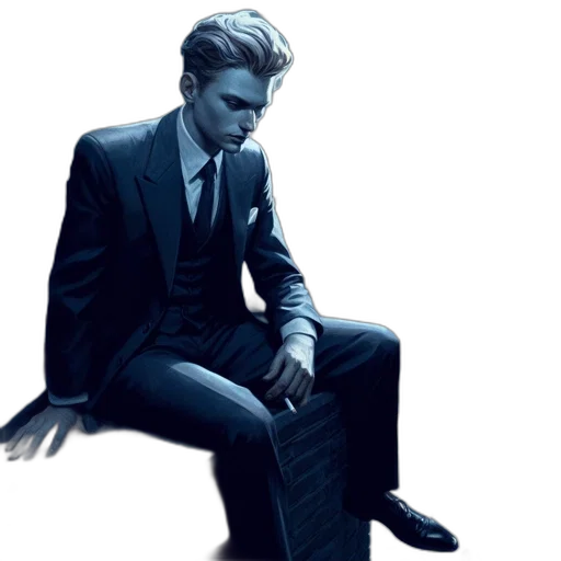 concept art, photorealistic, comic book art, pixel art, monochrome, blue, suited, man transparent PNG cut-out