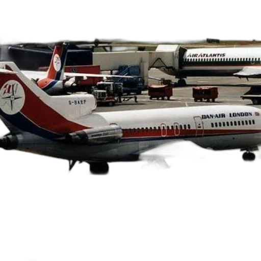 3d render, concept art, dan-air, london, airplane, parked, tarmac, airport transparent PNG cut-out
