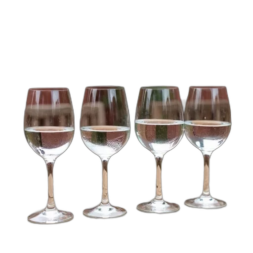 3d render, wooden, table, set, five, wine, glasses, filled transparent PNG cut-out